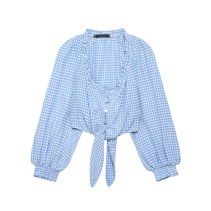 Haut sexy à col carré et manches courtes/longues à carreaux bleus pour femme, idéal pour le printemps