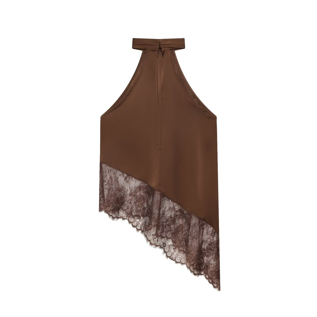 Women Clothing Summer Sexy All Match Lace Stitching Hanging Collar Top flightCourse