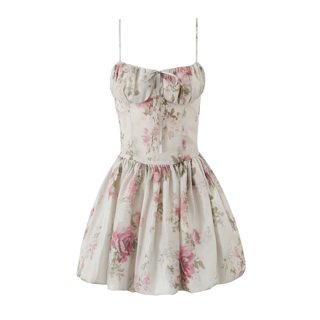 French Floral Strap Dress for Women Summer Sexy Holiday Slim Fit Slimming Cinched Short Dress Aiostar