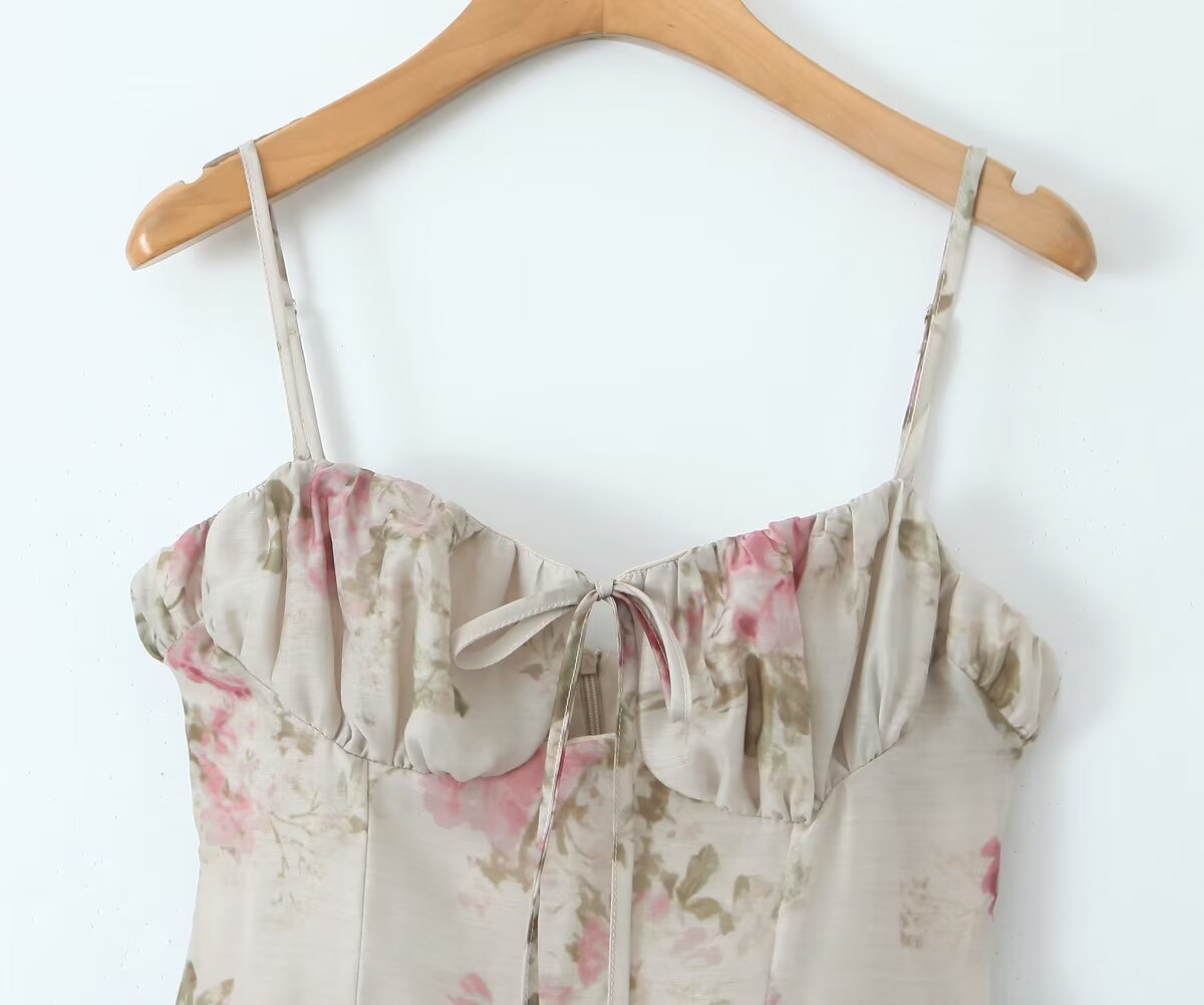 French Floral Strap Dress for Women Summer Sexy Holiday Slim Fit Slimming Cinched Short Dress Aiostar