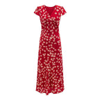 Vacation V neck Short Sleeved Red Dress Summer Waist Controlled Lace up Slim Elegant Floral Dress PullWind