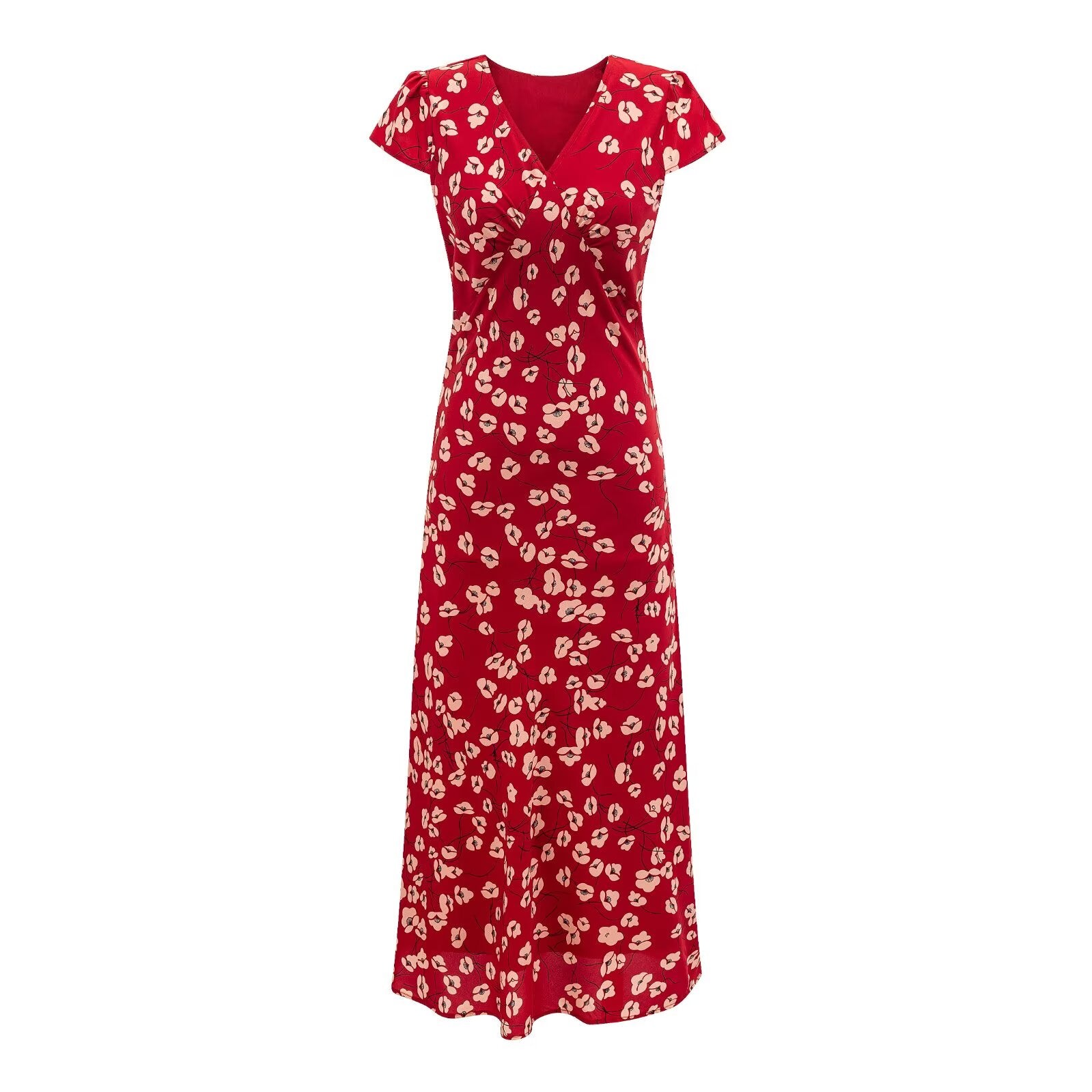 Vacation V neck Short Sleeved Red Dress Summer Waist Controlled Lace up Slim Elegant Floral Dress PullWind