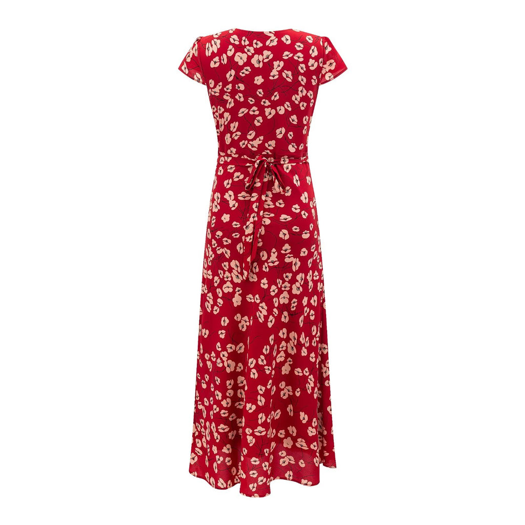 Vacation V neck Short Sleeved Red Dress Summer Waist Controlled Lace up Slim Elegant Floral Dress PullWind