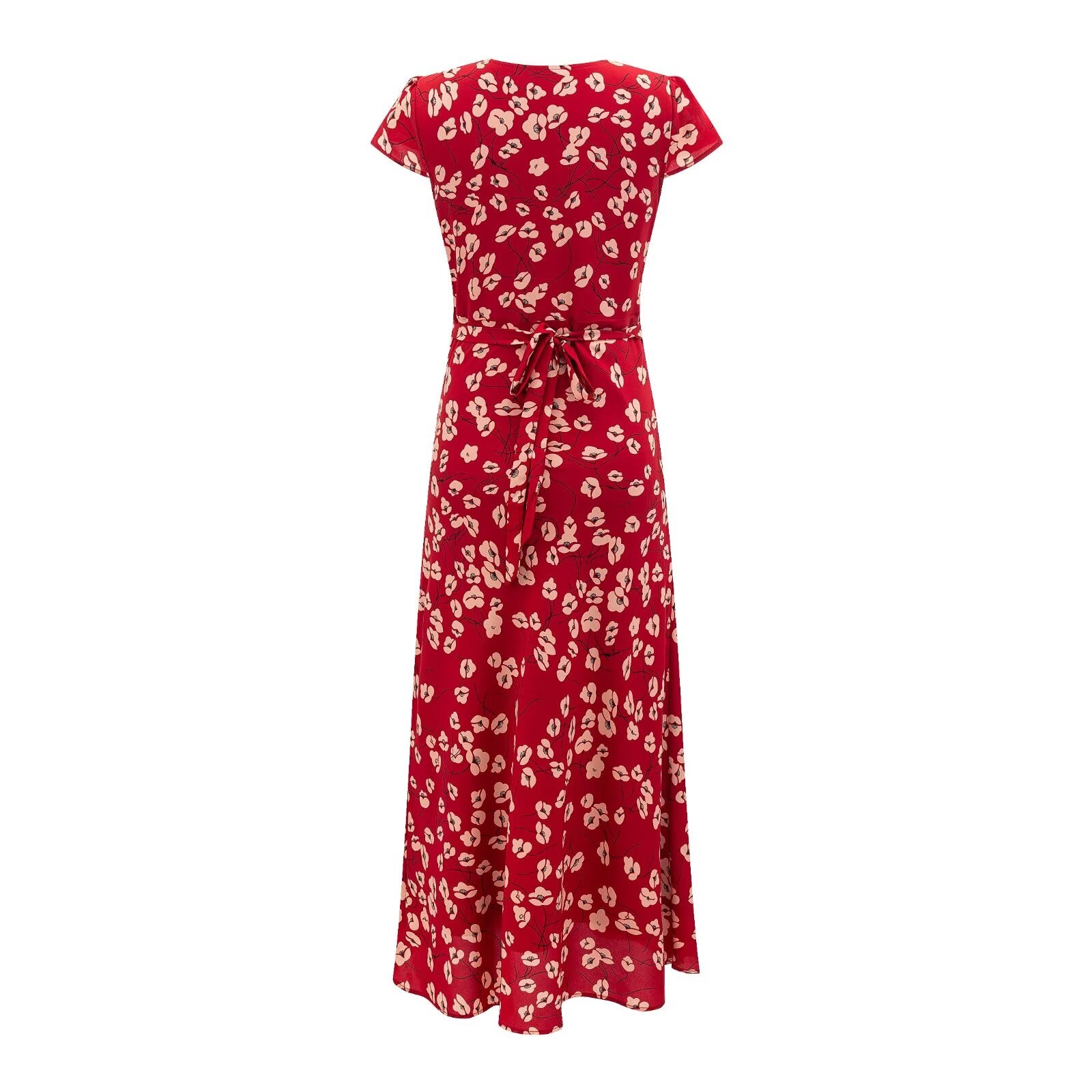 Vacation V neck Short Sleeved Red Dress Summer Waist Controlled Lace up Slim Elegant Floral Dress PullWind