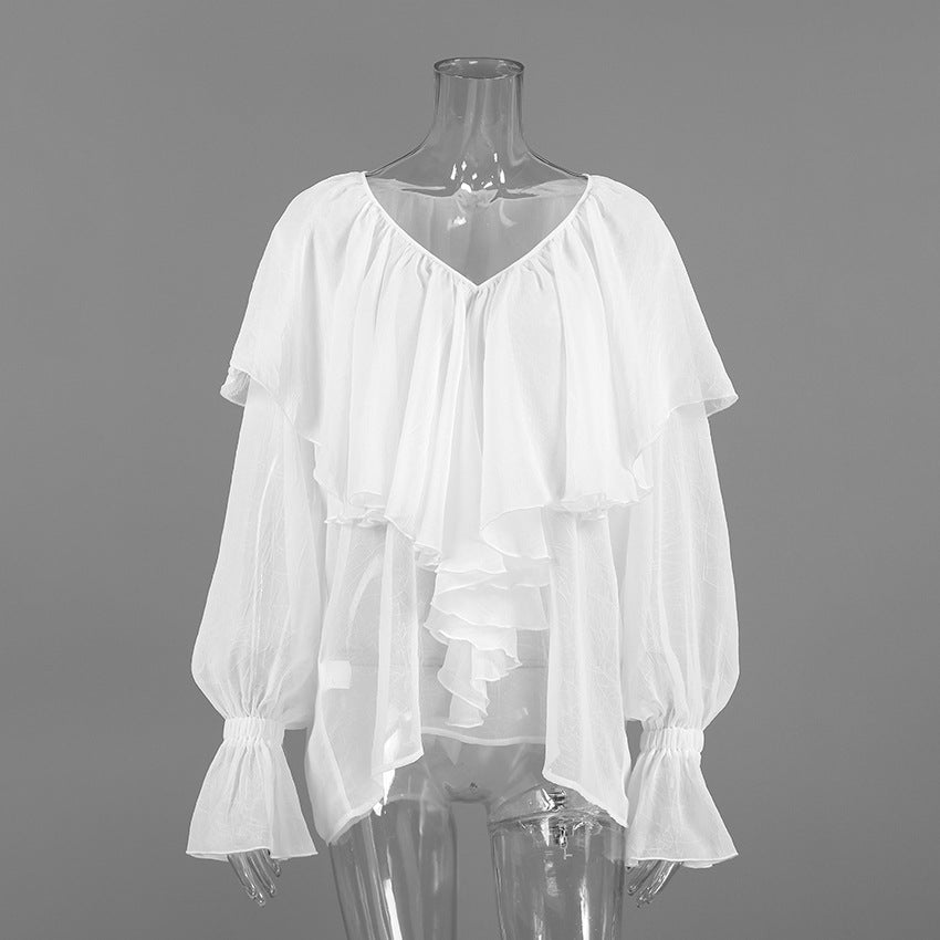 Blusa de gasa blanca con cuello en V y mangas acampanadas con volantes y textura otoñal para mujer