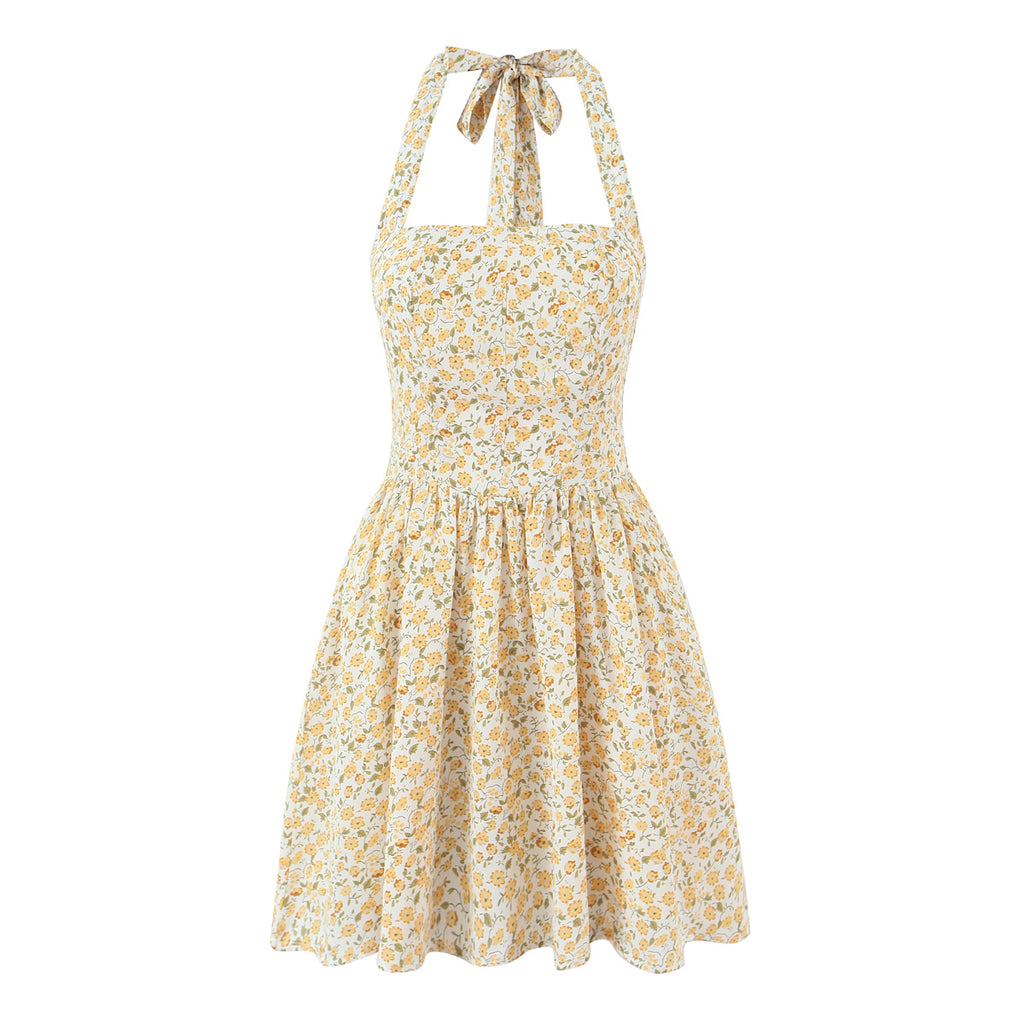 French Vintage Small Floral Printed Sexy Halter Dress Summer Waist Controlled Slim Fit Slimming Holiday Short Dress OMI