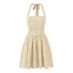 French Vintage Small Floral Printed Sexy Halter Dress Summer Waist Controlled Slim Fit Slimming Holiday Short Dress OMI