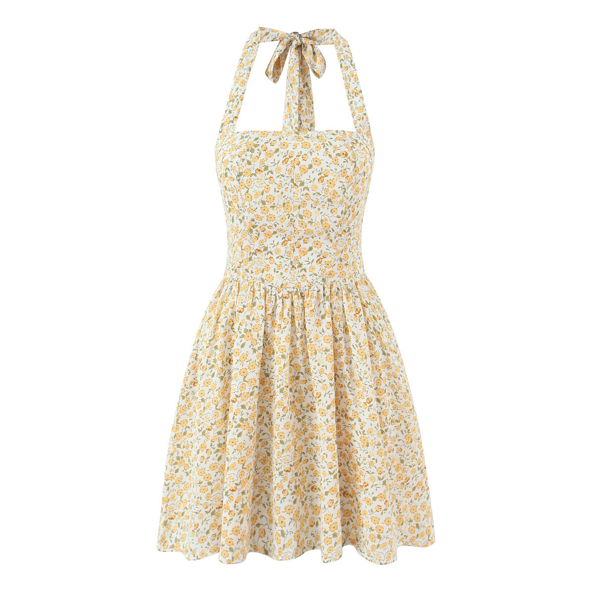 French Vintage Small Floral Printed Sexy Halter Dress Summer Waist Controlled Slim Fit Slimming Holiday Short Dress OMI