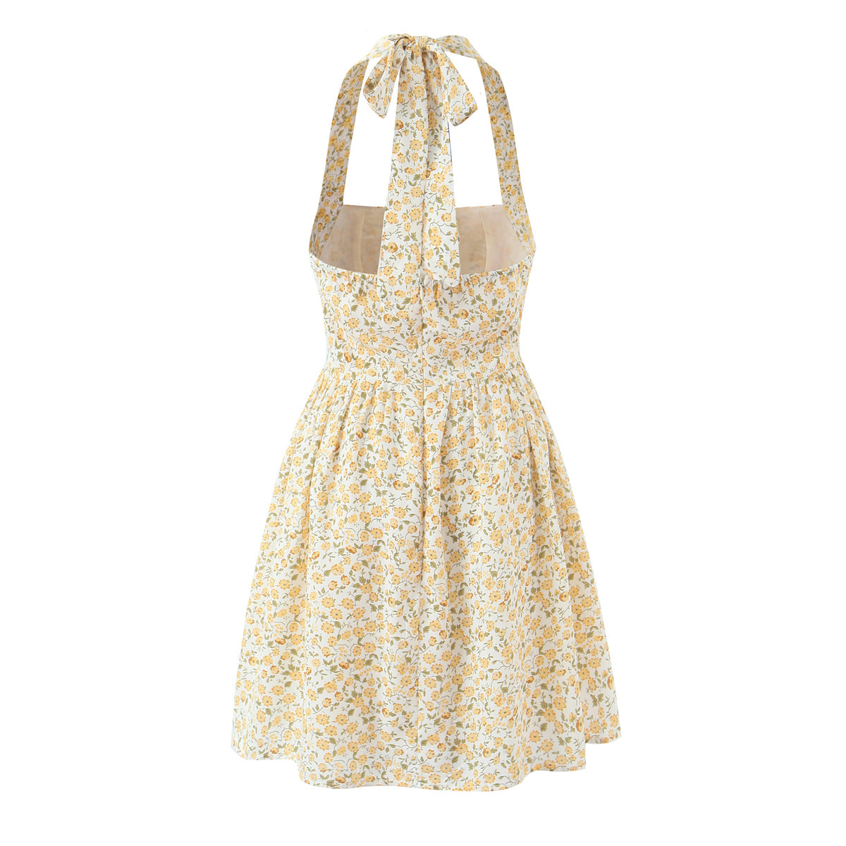 French Vintage Small Floral Printed Sexy Halter Dress Summer Waist Controlled Slim Fit Slimming Holiday Short Dress OMI
