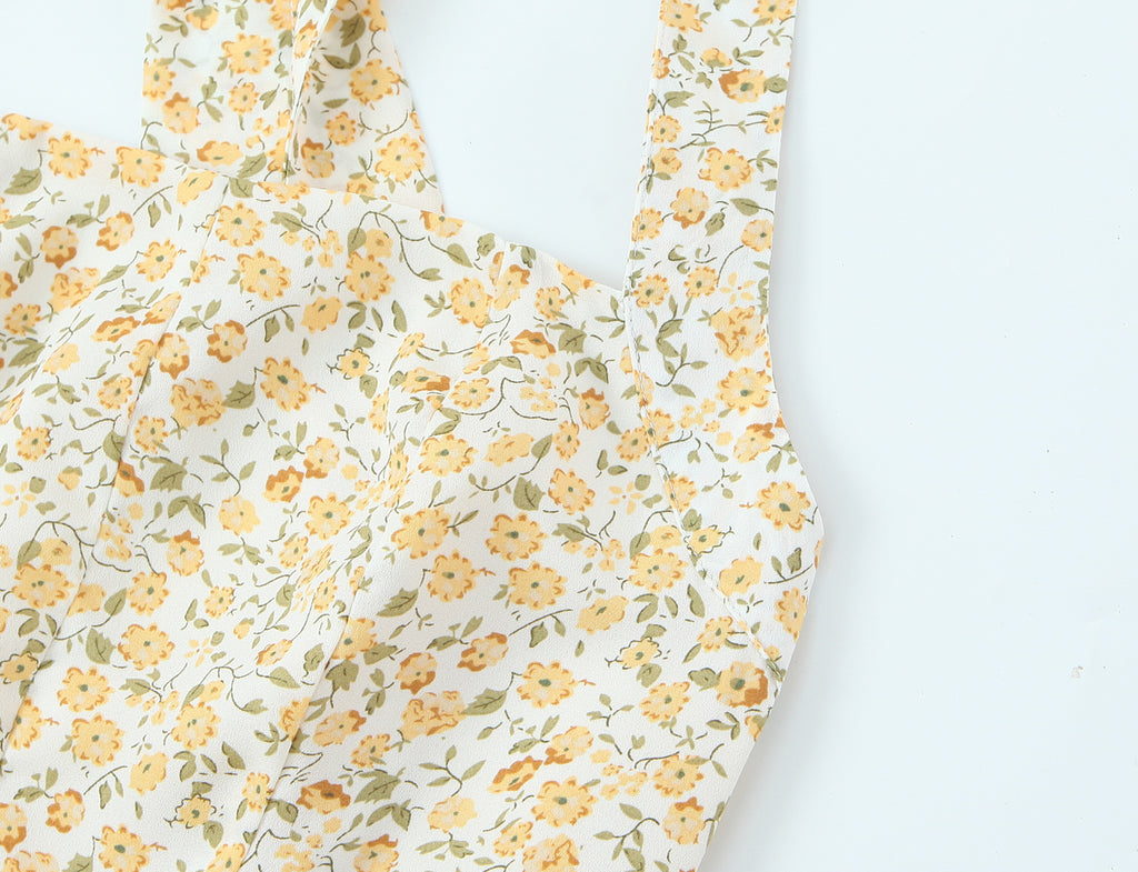 French Vintage Small Floral Printed Sexy Halter Dress Summer Waist Controlled Slim Fit Slimming Holiday Short Dress OMI