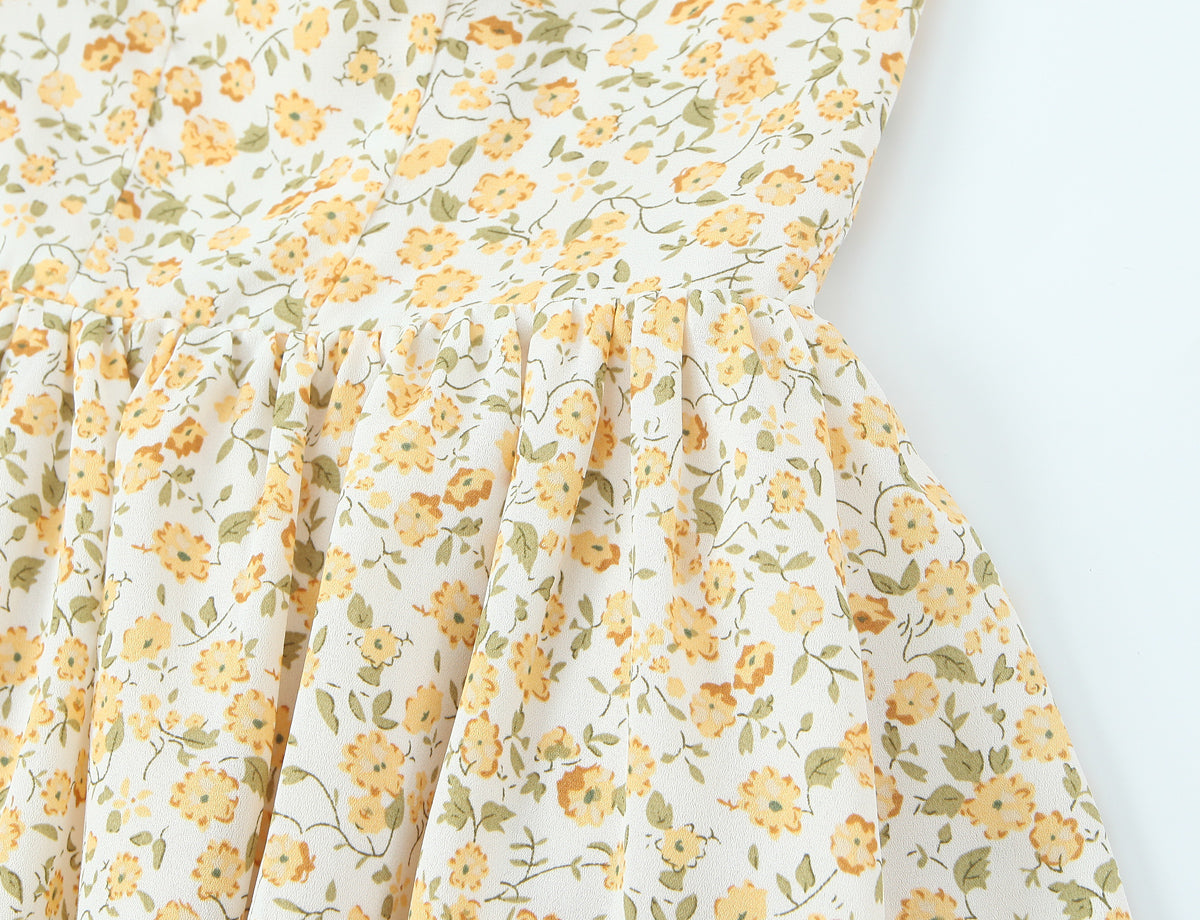 French Vintage Small Floral Printed Sexy Halter Dress Summer Waist Controlled Slim Fit Slimming Holiday Short Dress OMI