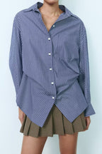 Chemise à manches longues ample en popeline rayée patchwork pour femme
