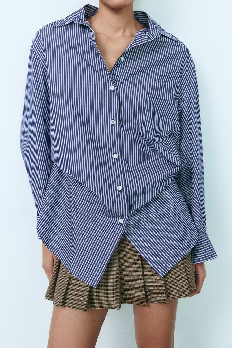 Chemise à manches longues ample en popeline rayée patchwork pour femme