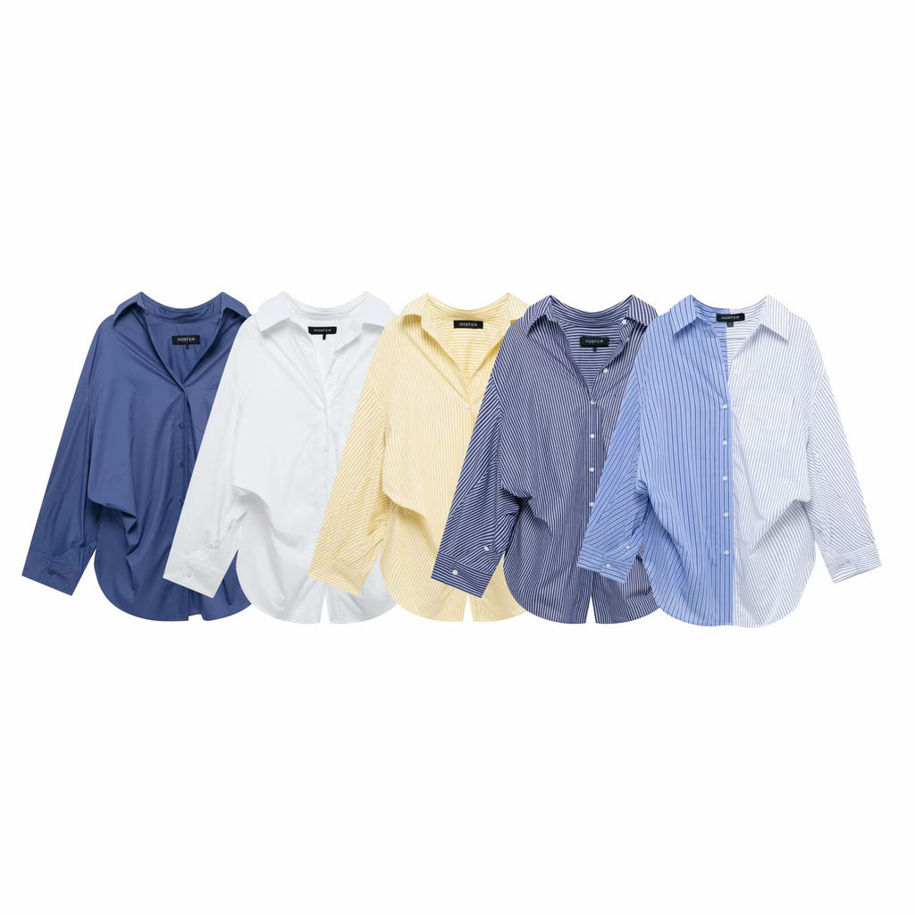 Chemise à manches longues ample en popeline rayée patchwork pour femme
