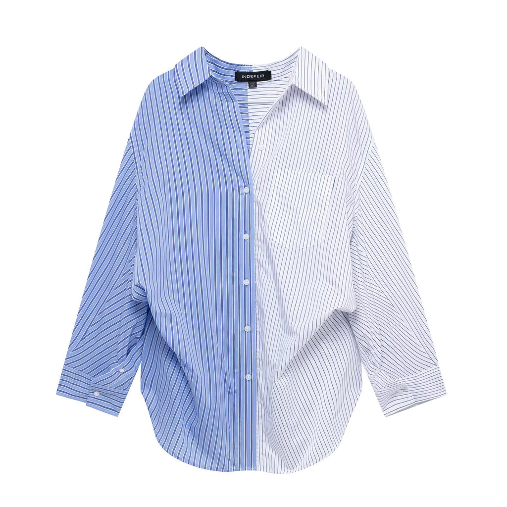 Chemise à manches longues ample en popeline rayée patchwork pour femme