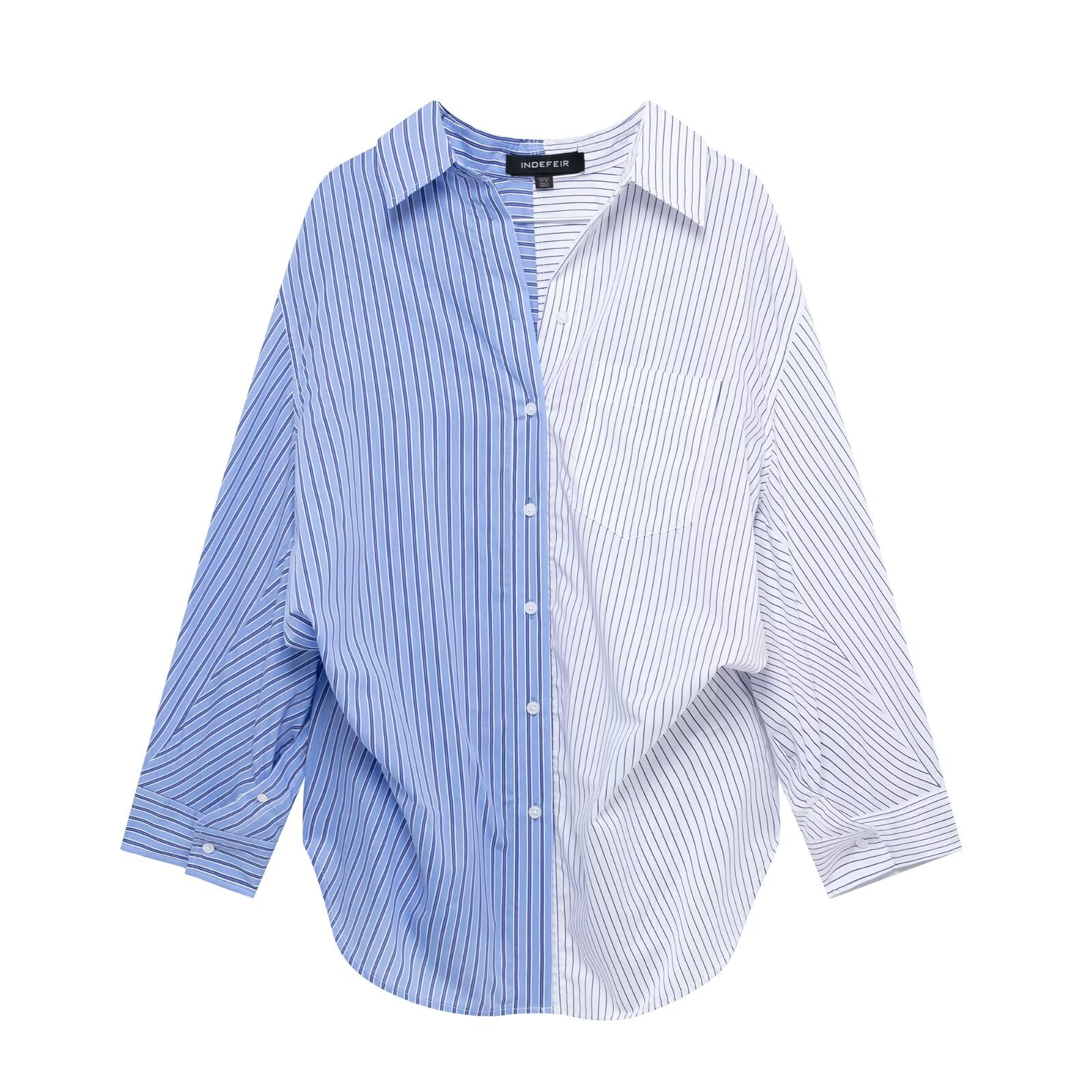 Chemise à manches longues ample en popeline rayée patchwork pour femme