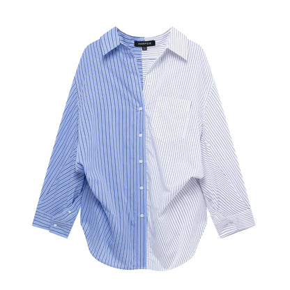Chemise à manches longues ample en popeline rayée patchwork pour femme
