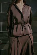 Women Clothing Summer All Matching with Belt Silk Satin Textured Shirt