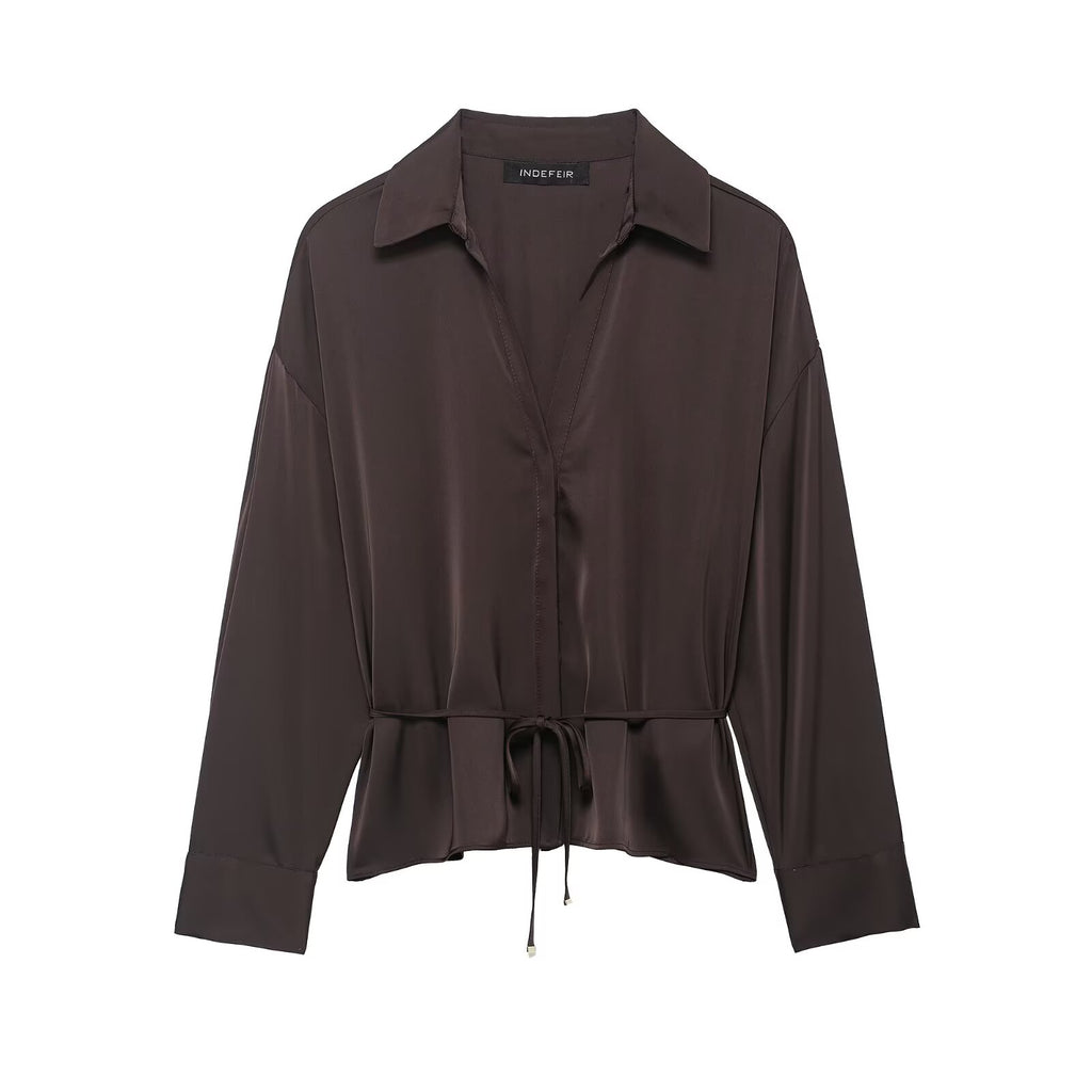 Women Clothing Summer All Matching with Belt Silk Satin Textured Shirt