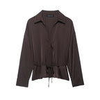 Women Clothing Summer All Matching with Belt Silk Satin Textured Shirt