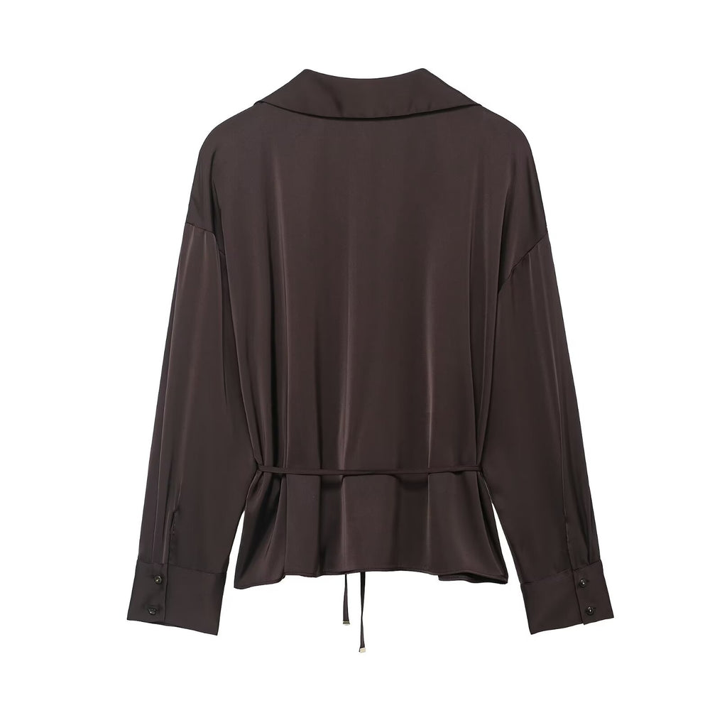 Women Clothing Summer All Matching with Belt Silk Satin Textured Shirt