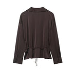 Women Clothing Summer All Matching with Belt Silk Satin Textured Shirt