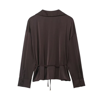 Ensemble d'été pour femme, chemise en satin de soie texturé avec ceinture assortie