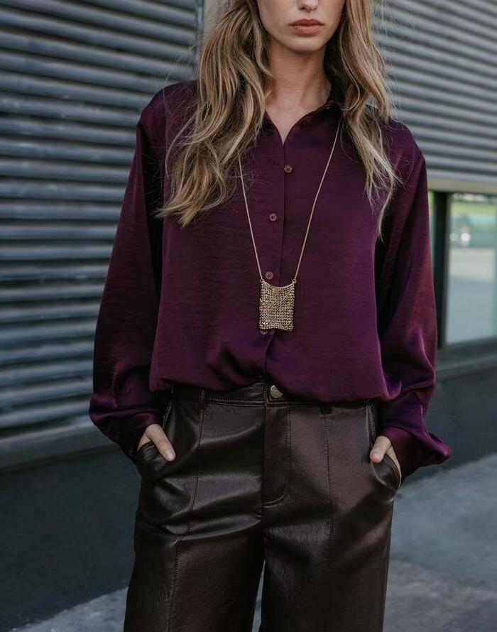 Camisa corta de satén rojo vino de fácil combinación retro de otoño para mujer