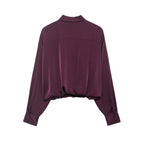 Women Clothing Autumn Retro Easy Matching Wine Red Satin Short Shirt