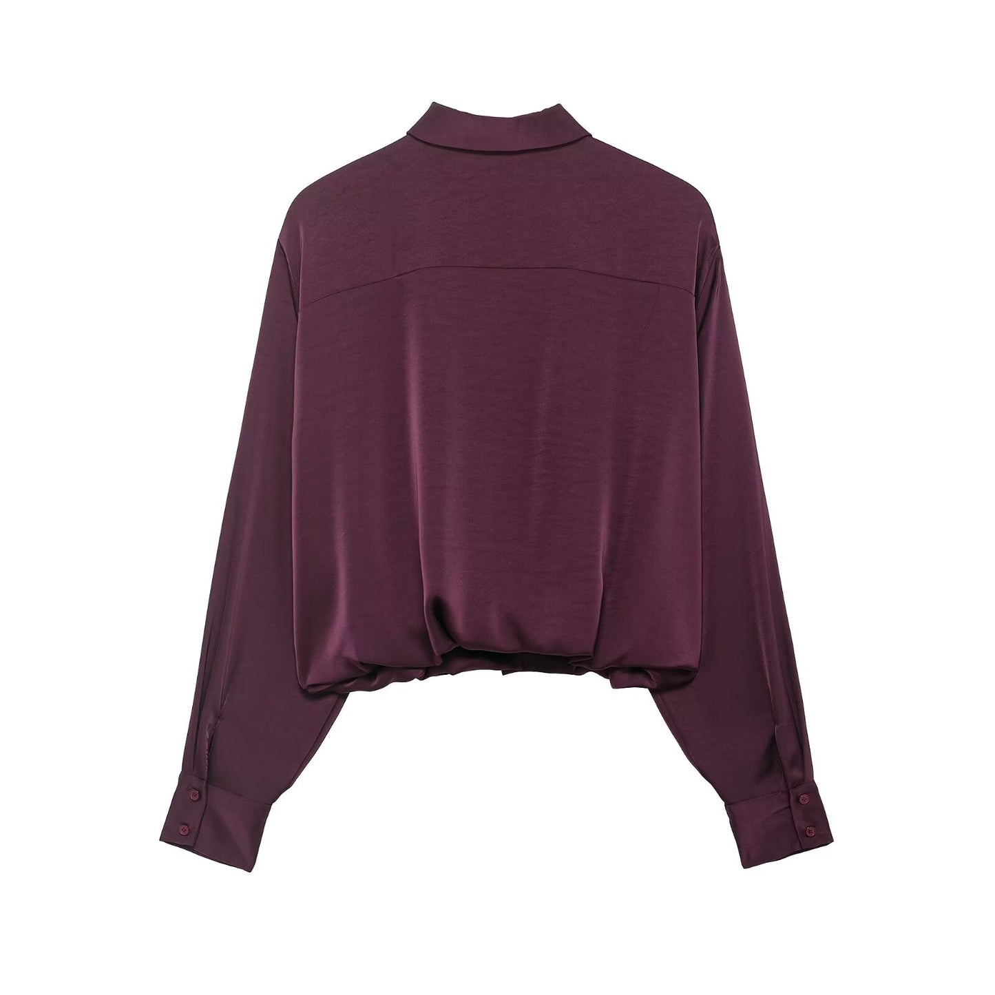 Camisa corta de satén rojo vino de fácil combinación retro de otoño para mujer