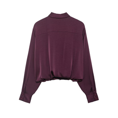 Camisa corta de satén rojo vino de fácil combinación retro de otoño para mujer