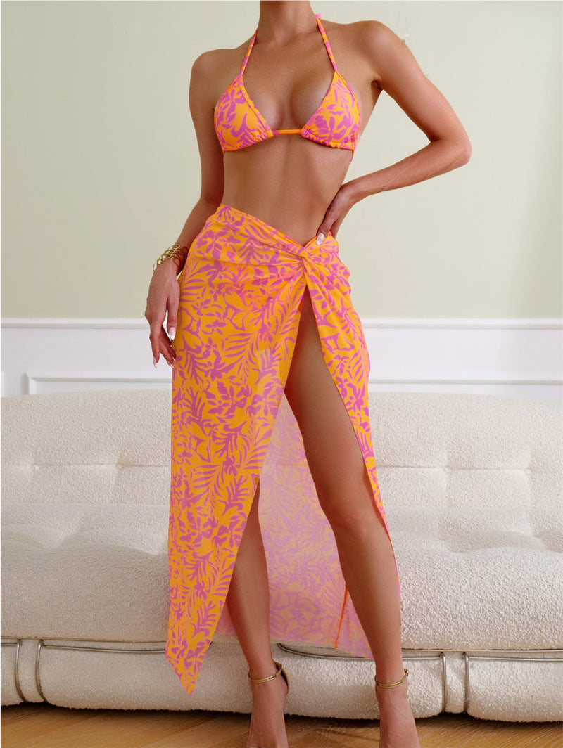 Women Printed Sexy Lace up Backless Beach Gauze Three Piece Split Swimsuit MagicSwing