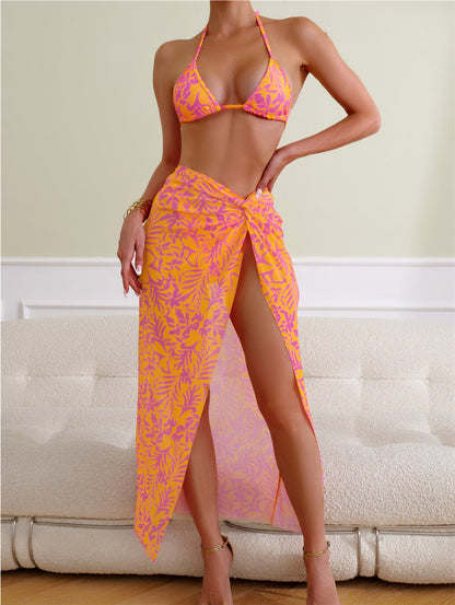 Women Printed Sexy Lace up Backless Beach Gauze Three Piece Split Swimsuit MagicSwing