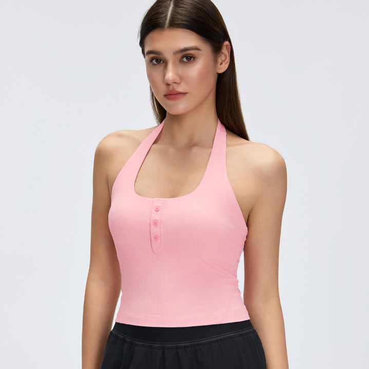 Henry Collar Halterneck Vest Women with Chest Pad Slim Fit Thin Yoga Wear Running Training Workout Clothes Top Tichin