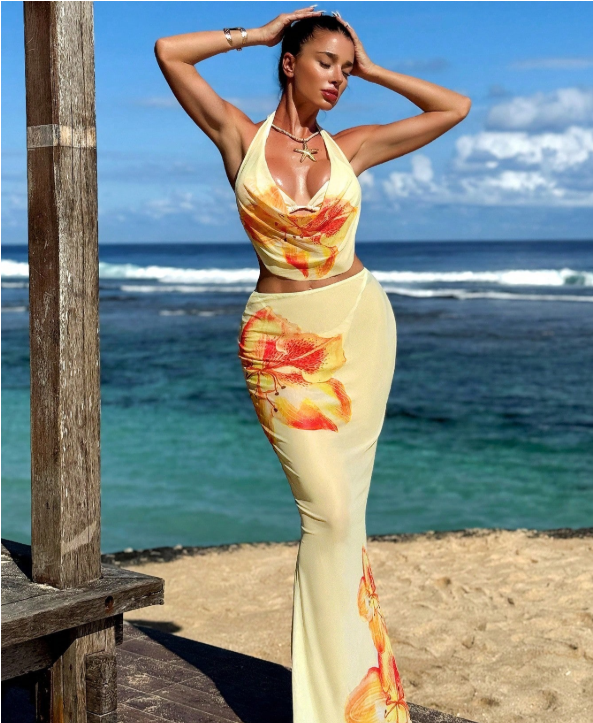Summer Elegant Graceful Floral Print Top Slim Fit Blouse Dress Three Piece Sets Women High Grade Wing Lok