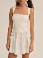 Early Spring French Vintage Sexy Square Collar Strap Halter Pleated Mini Dress TinkleBell
