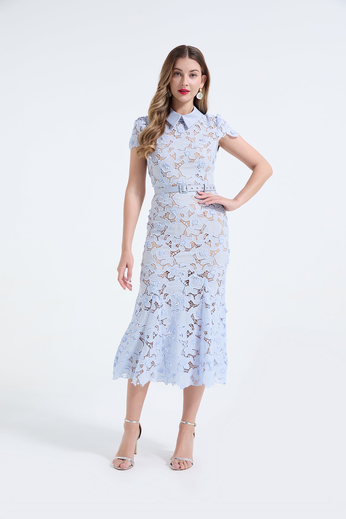 Heavy Industry Lace Three Dimensional Hollow Flower Lace Patchwork Shirt Collar Slim Fish Tail Dress ESUNG