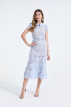 Heavy Industry Lace Three Dimensional Hollow Flower Lace Patchwork Shirt Collar Slim Fish Tail Dress ESUNG