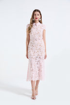 Heavy Industry Lace Three Dimensional Hollow Flower Lace Patchwork Shirt Collar Slim Fish Tail Dress ESUNG