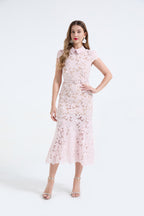 Heavy Industry Lace Three Dimensional Hollow Flower Lace Patchwork Shirt Collar Slim Fish Tail Dress ESUNG