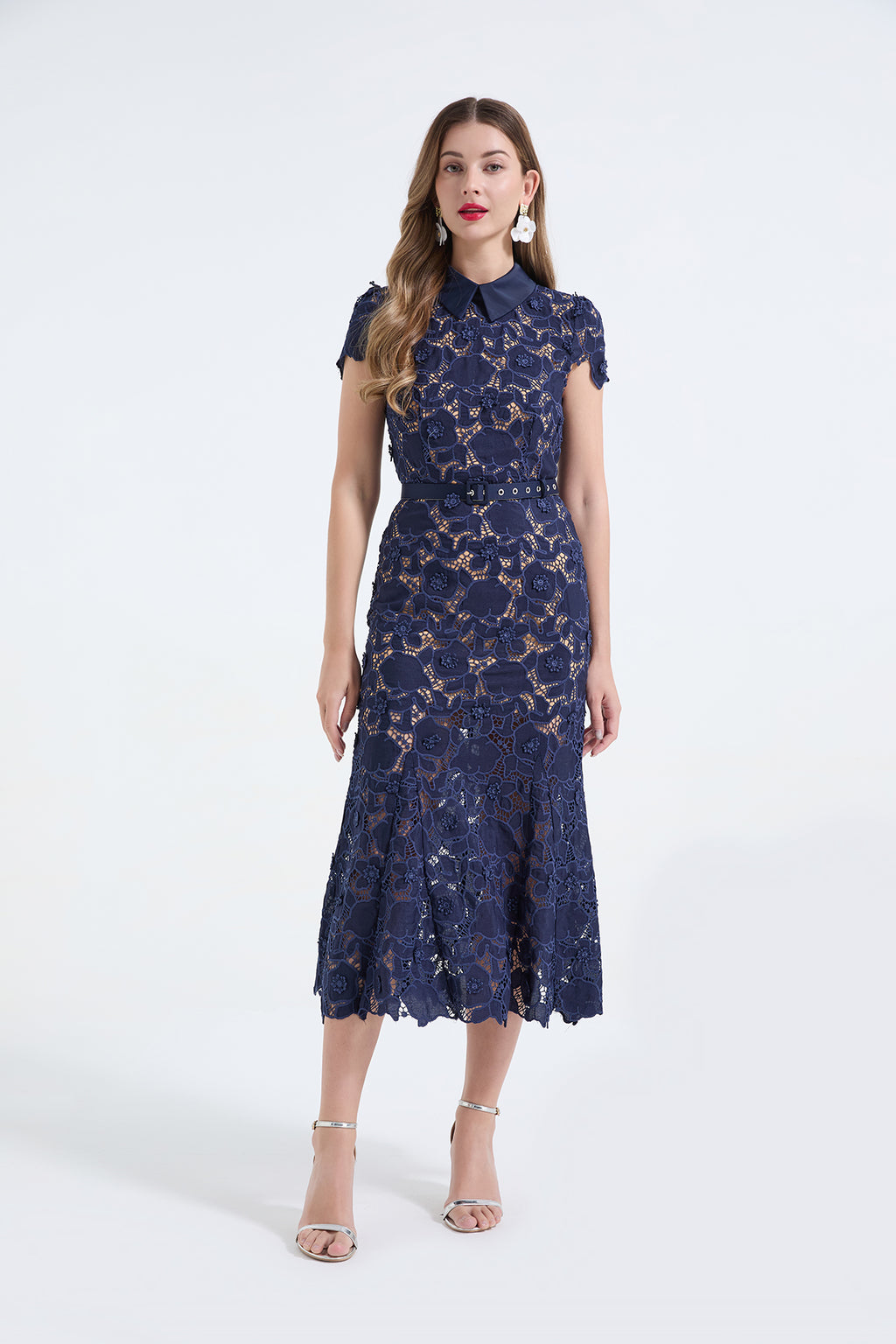 Heavy Industry Lace Three Dimensional Hollow Flower Lace Patchwork Shirt Collar Slim Fish Tail Dress ESUNG