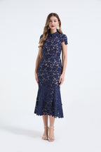 Heavy Industry Lace Three Dimensional Hollow Flower Lace Patchwork Shirt Collar Slim Fish Tail Dress ESUNG