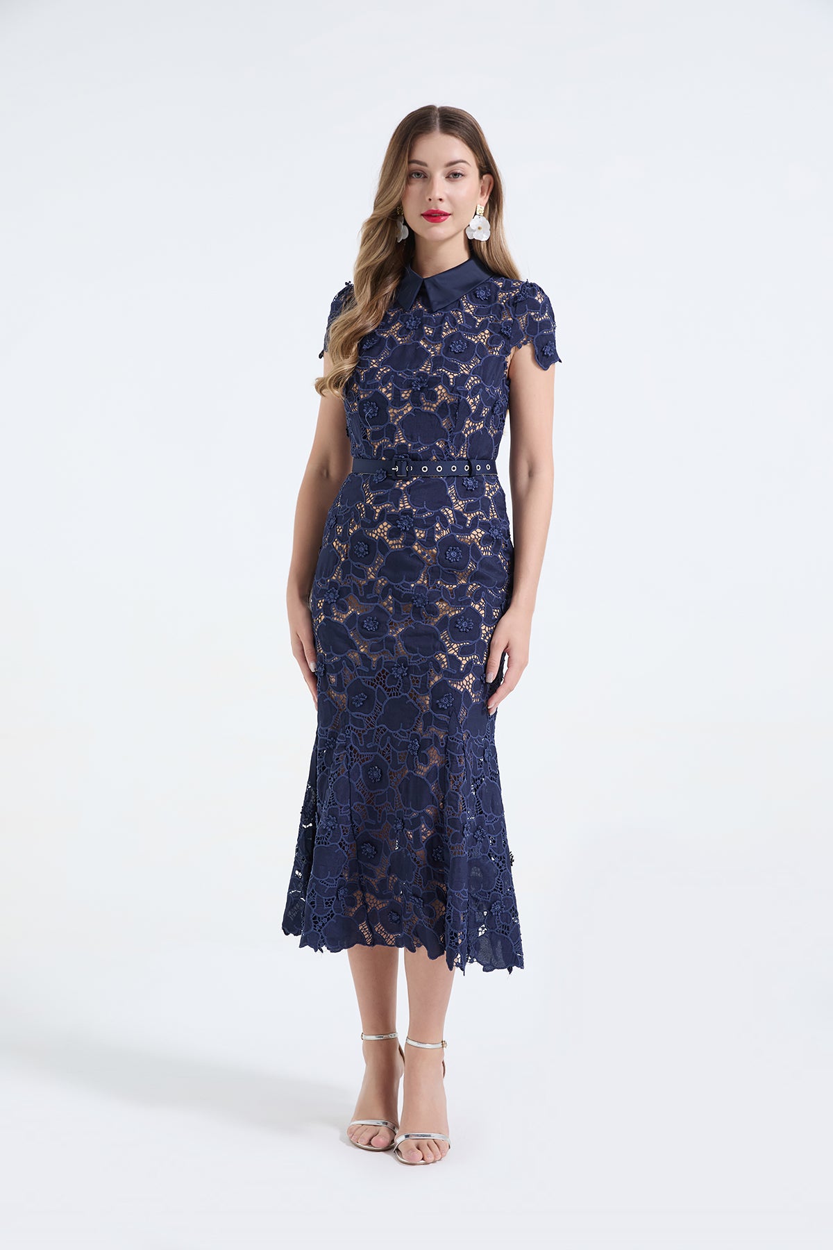 Heavy Industry Lace Three Dimensional Hollow Flower Lace Patchwork Shirt Collar Slim Fish Tail Dress ESUNG
