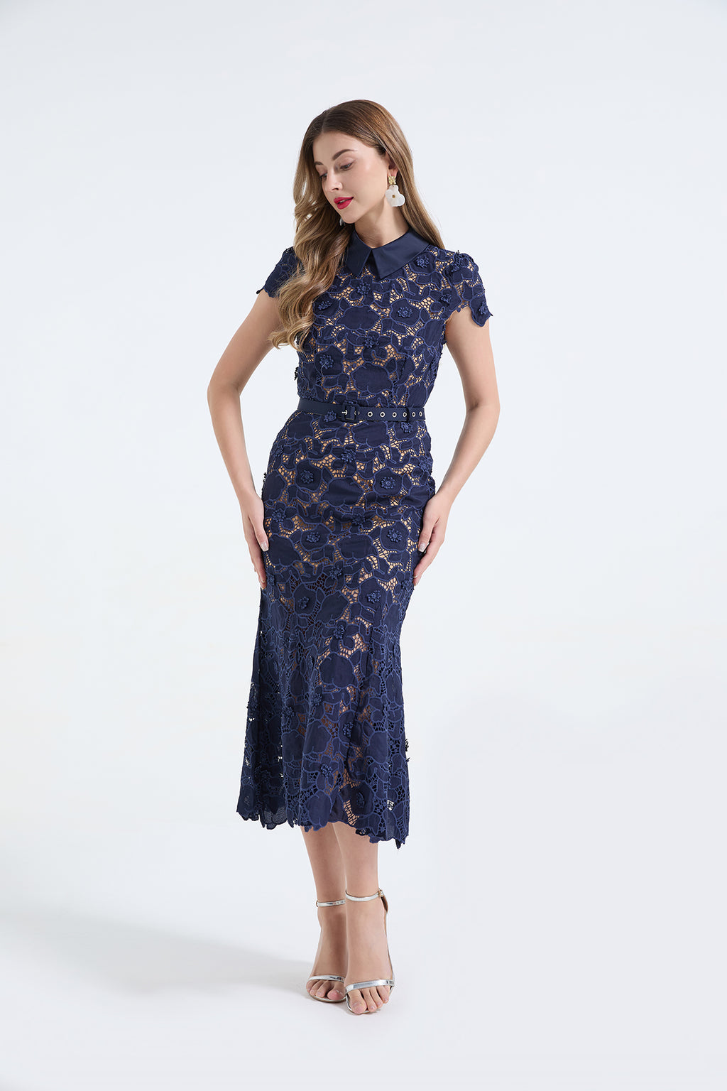 Heavy Industry Lace Three Dimensional Hollow Flower Lace Patchwork Shirt Collar Slim Fish Tail Dress ESUNG