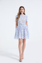 Heavy Industry Lace Three Dimensional Hollow Flower Lace Splicing Color Contrasting Slimming Dress Short Dress ESUNG