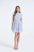 Heavy Industry Lace Three Dimensional Hollow Flower Lace Splicing Color Contrasting Slimming Dress Short Dress ESUNG