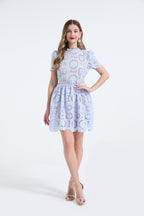Heavy Industry Lace Three Dimensional Hollow Flower Lace Splicing Color Contrasting Slimming Dress Short Dress ESUNG