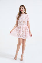 Heavy Industry Lace Three Dimensional Hollow Flower Lace Splicing Color Contrasting Slimming Dress Short Dress ESUNG