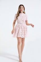 Heavy Industry Lace Three Dimensional Hollow Flower Lace Splicing Color Contrasting Slimming Dress Short Dress ESUNG