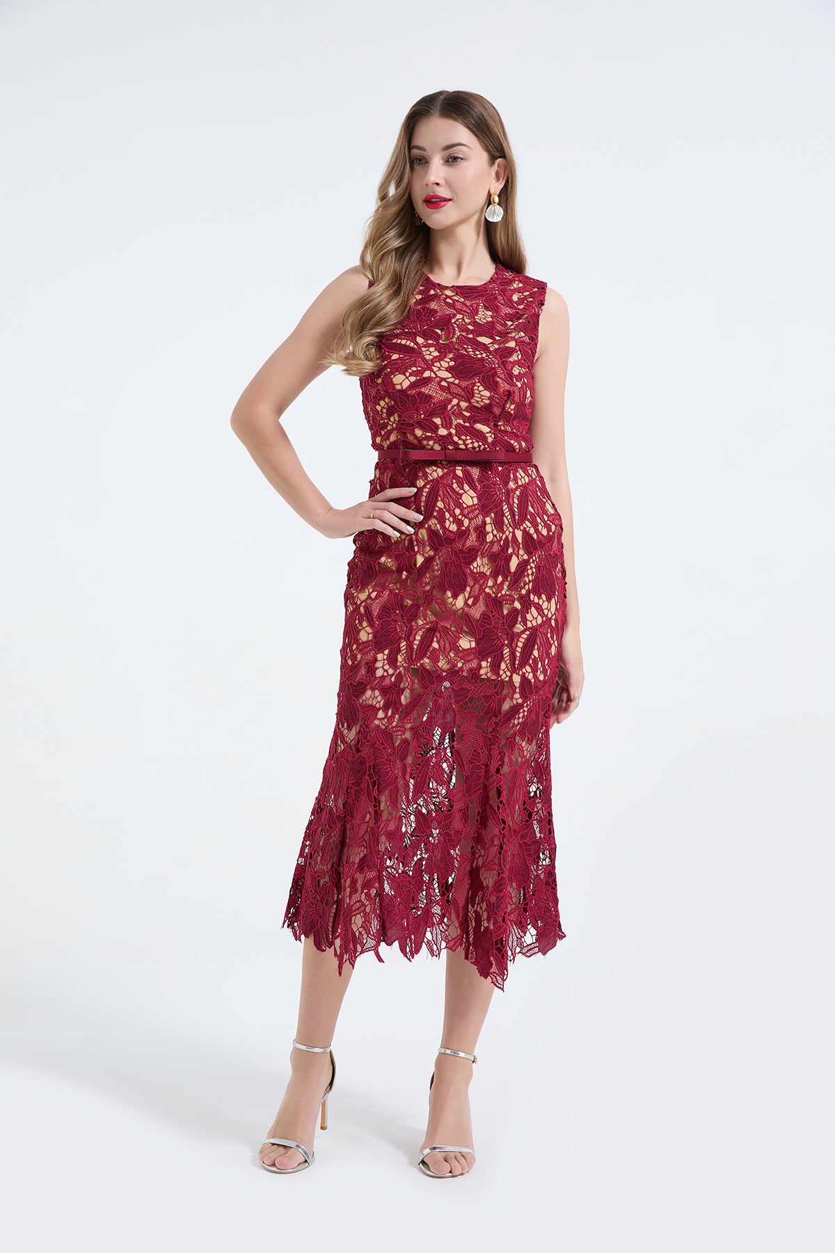 Heavy Industry Three Dimensional Water Soluble Lace Hollow Out Sleeveless Waist Fish Tail Dress Slim Fit High Waist Dress ESUNG